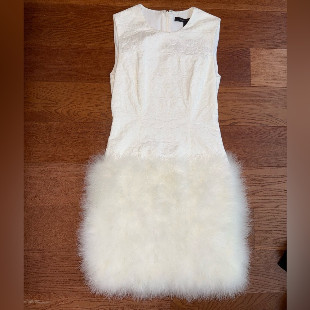 BCBGMaxAzria White Textured Dress with Feathered Skirt